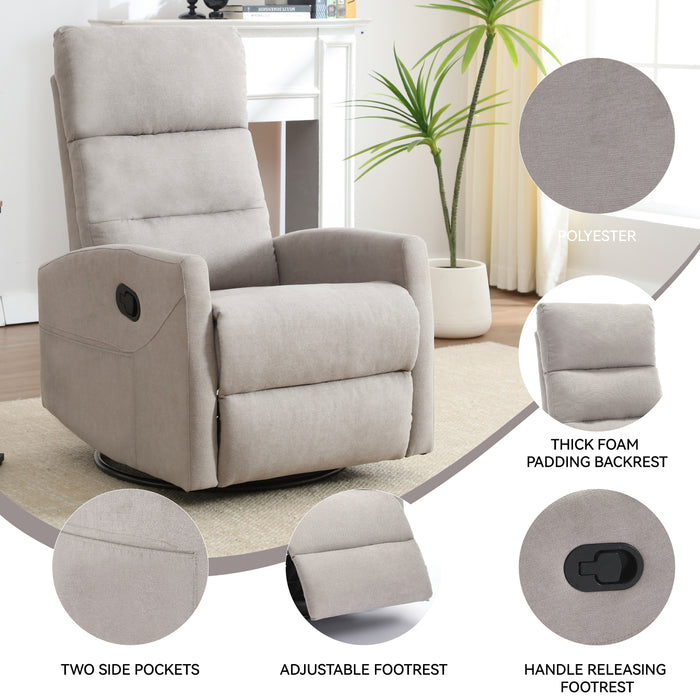 Manual Recliner Chair with Rocker and Swivel in Fabric for Living Room, Khaki