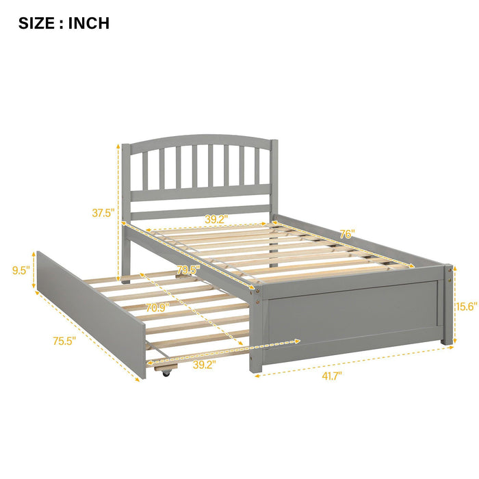 Twin Size Platform Bed Wood Bed Frame with Trundle, Gray - DTYStore