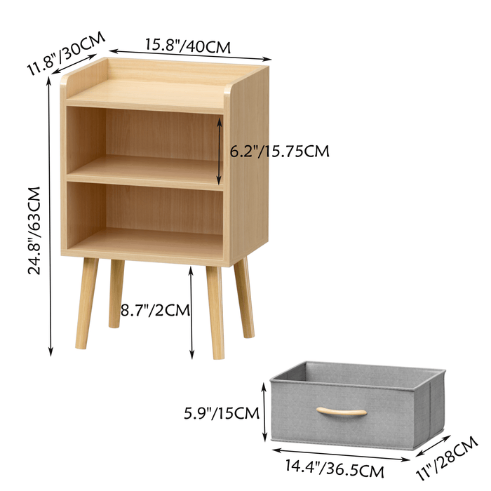 Nightstand With Collapsible Fabric Drawer, 2-Tier Storage End Table, Wood Side Table with Storage Cabinet or Kids, Adults - Oak - DTYStore
