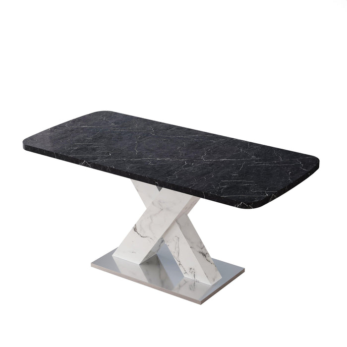 Modern Square Dining Table,Stretchable,Printed Black Marble Table Top+MDF White X-Shape Table Leg with Metal Base - DTYStore