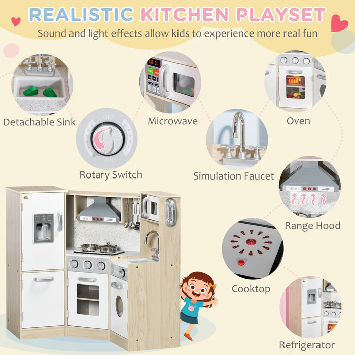 Ultra-Big Corner Kids Kitchen Playset with Sound Effects, Wooden Play Kitchen with Stainless Steel Cooking Toys, Imaginative Pretend Toy for Ages 3-6 with Phone, Ice Maker - DTYStore