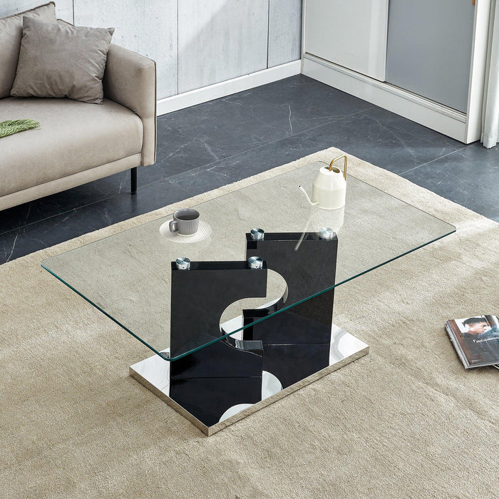 A rectangular modern and fashionable coffee table with tempered glass tabletop and black MDF legs. Suitable for living room.47.2"*25.5"*18"