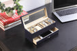 9.3" Long Tempered Glass and Leather Jewelry / Watch Display with Drawers, Blue - DTYStore