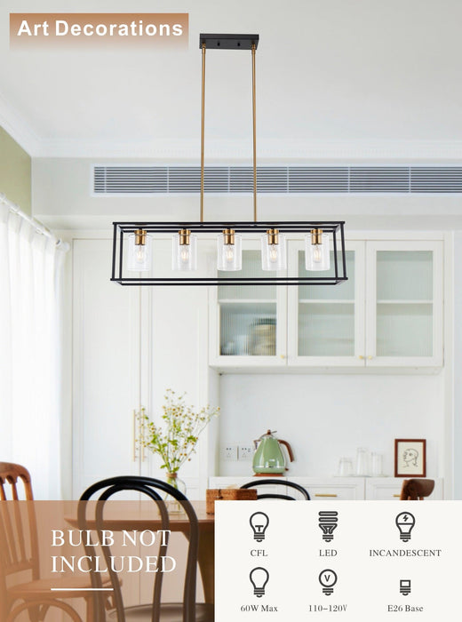 5-Lights Industrial Farmhouse Style Hanging Decorative Rectangle Pendant Lights, Black Antique Brass With Clear Glass Shade, Dining Room Kitchen Island Chandelier - DTYStore