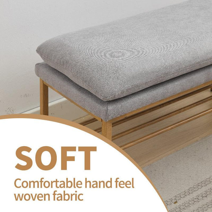 End of Bed Bench with Shelf, Linen Upholstered Storage Shoe Bench, Modern Bedroom Bench with Metal Legs for Living Room, Entryway, Dining Room, 300 LB, Linen Color(Gray) - DTYStore