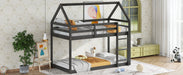 Twin over Twin Rubber Wood Floor Bunk Bed, with ladder,Guardrails,House-Shaped-Bunk Bed, Black - DTYStore