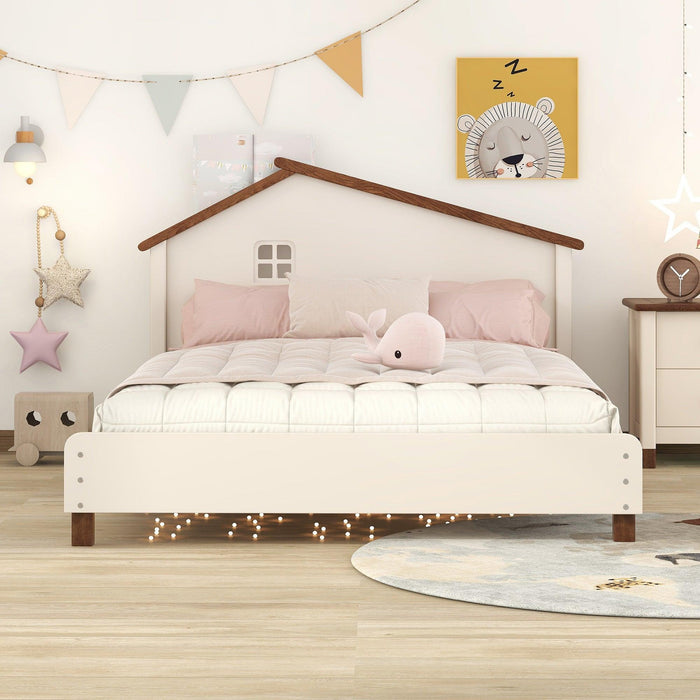 Full Size Wood Platform Bed with House-shaped Headboard (Cream+Walnut) - DTYStore