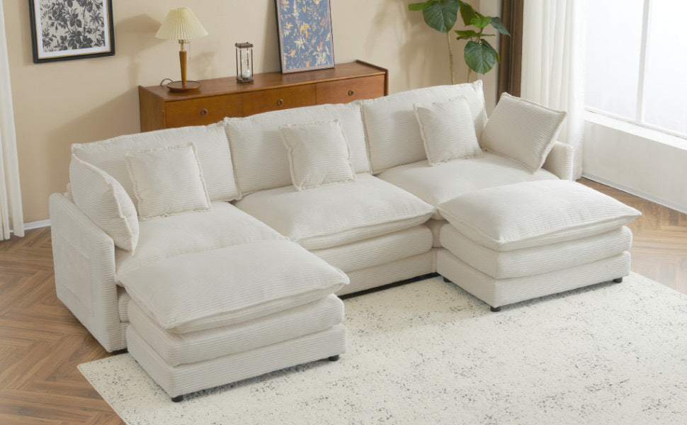 112.6" Modern Sofa Modular Sofa Couch Upholstered Corduroy L-Shape Sectional Sofa with Side Storage Pockets for Living Room, Beige