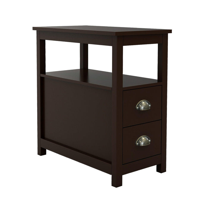 End Table Narrow Nightstand With Two Drawers And Open Shelf-Brown - DTYStore