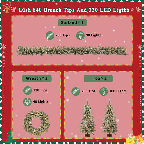 Pre-lit Christmas Artificial Tree 4-Piece Set, Garland, Wreath and Set of 2 Entrance Trees, X-mas with LED Lights, PVC Festival Celebration Set, Green - Image 4