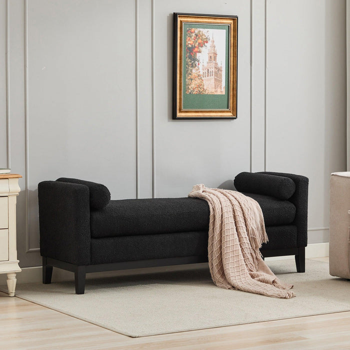 66.34"W Elegant Upholstered Bench,Daybed, Ottoman with Wood Legs & 2 Bolster Pillows for End of Bed, Bedroom, Living Room, Entryway,Black Boucle - DTYStore