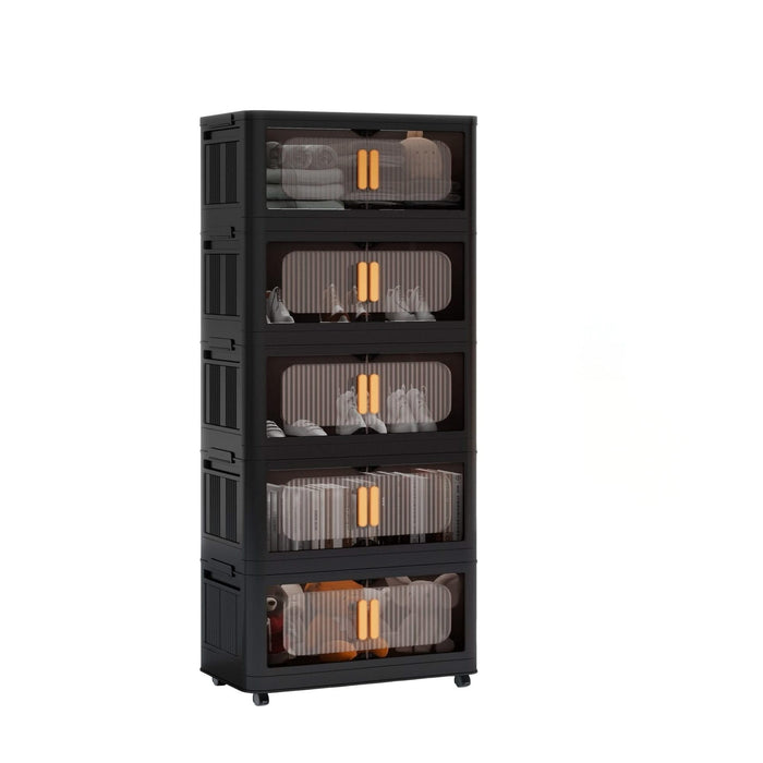 Folding Storage Cabinet 5-Tier 24-Inch Wide Black Plastic with Magnetic Doors and Wheels