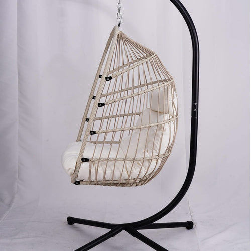 Outdoor Egg Hanging Chair with Stand, Patio Wicker Swing Egg Chair Indoor Swinging Chair Outdoor Hammock Egg Chair Off-white - Image 20