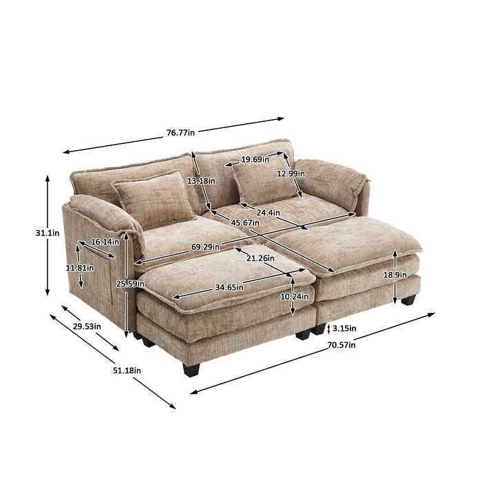 UNITED WE WIN Chenille fabric, solid construction, the overall structure of the sofa is stable, detachable armrests, two foot stools and two-seat sofa with side pockets