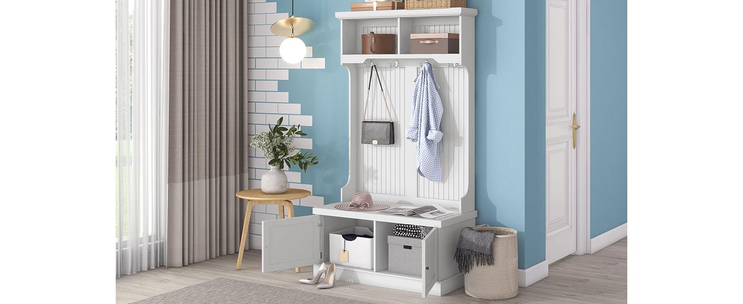 Hall Tree with Storage Shoe Bench for Entryway and Hallway, 4-in-1 Design Coat Racks with 4 Hooks for Living Room, White
