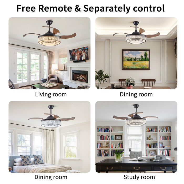 Contemporary LED Retractable Ceiling Fan with Light and Remote Control, Quiet Reversible Motor,4 Blades Modern Ceiling Fans for Kitchen Bedroom Dining Room Patio