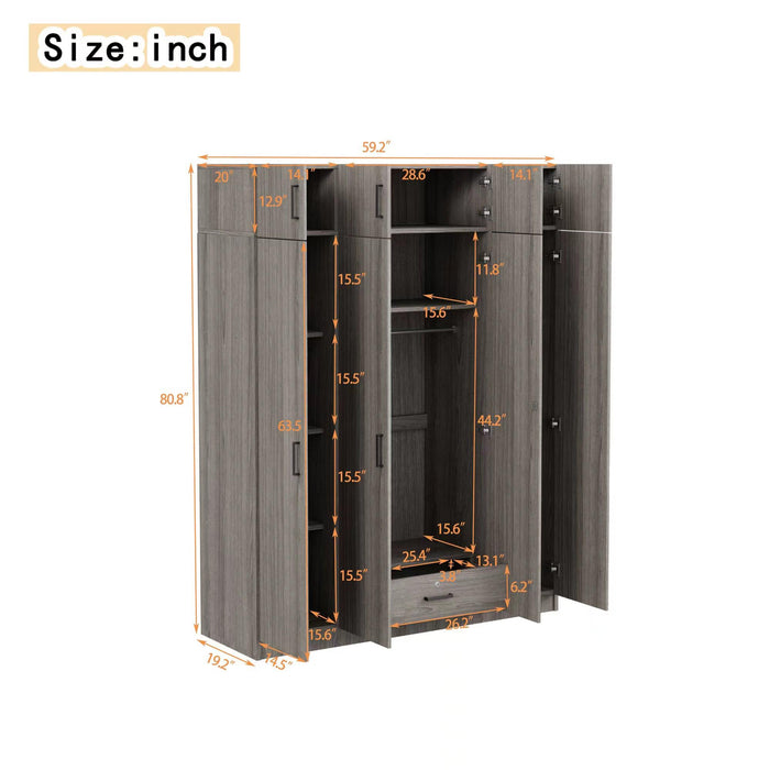 4-Door Wardrobe with 1 Drawer and Top Cabinet , Gray - DTYStore