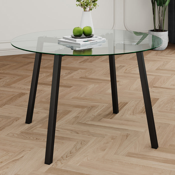 Modern simple table with a glass round table and four chairs. Transparent tempered glass countertop, black metal legs, suitable for kitchen living room dining room (set of 5)