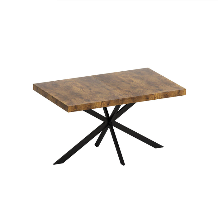 55.11" -70.86"Retro Rectangular Stretch Dining Table, Antique Wood Top And Black Relief Plate, Black Fine Sand Cross Iron Foot Base Dining Table, With Storage Box. - DTYStore