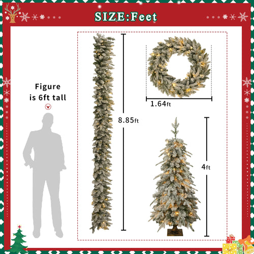 Pre-lit Christmas Artificial Tree 4-Piece Set, Garland, Wreath and Set of 2 Entrance Trees, X-mas with LED Lights, PVC Festival Celebration Set, Green - Image 8