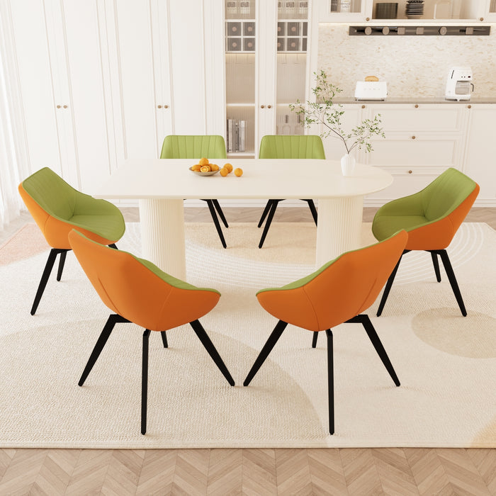 63" medieval modern cream style MDF dining table and green PU dining chair set, 6 sets of black metal leg dining chairs, suitable for kitchen&home