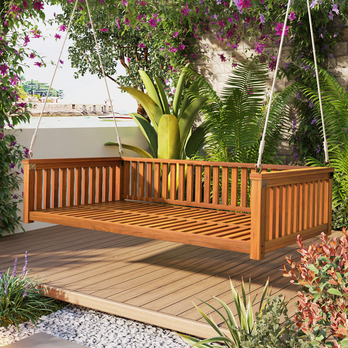 Patio Minimalist Twin Size Garden Swing Bed Wood Porch Swing with Ropes for Backyard, Safe Sloped Design, Teak - DTYStore