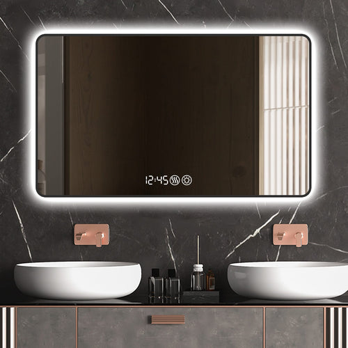 Modern Black Aluminum Frame Wall Mirror with Rounded Corners, Temperature Display, Tri-Color Light, Defogging - Image 2