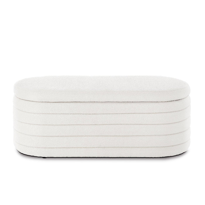 Modern Oval Storage Ottoman Bench, Upholstered Boucle Teddy Fabric End of Bed Bench with Storage, End of Bed Stool with Safety Hinge for Bedroom, Living Room, Entryway, White