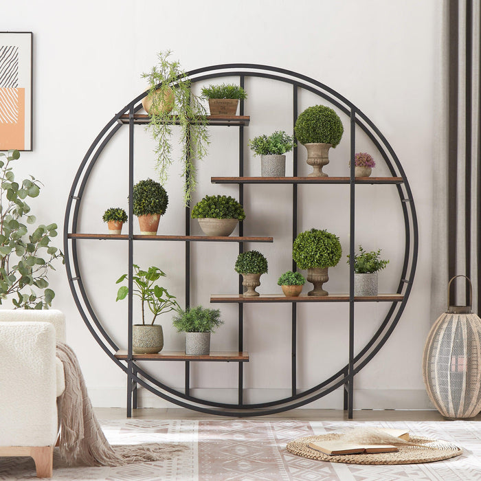 Round 5-Tier Metal Plant Stand bookcase storage rack, Indoor Living Room Terrace Garden Balcony Display Stand. Rustic Brown, 67'' W x 11.8'' D x 67'' H. - DTYStore