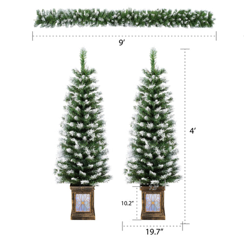 Artificial Christmas 3-Piece Set Wreath and 2 Entrance Trees with LED Lights in White+Green, Premium PVC with Metal Stand, 4 ft Height - Image 3
