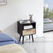 15.75" Rattan End table with Power Outlet & USB Ports , Modern nightstand with drawer and solid wood legs, side table for living room, bedroom,black - DTYStore