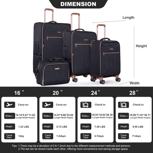 Lightweight Durable Black 4-Piece Softshell Suitcase Spinner Wheels Terylene Luggage Set - Image 3