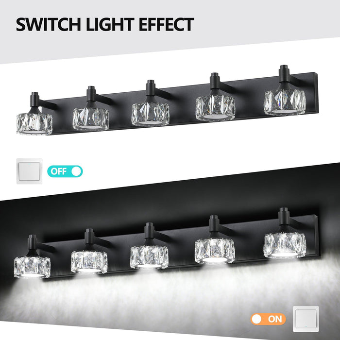 Modern 5-Light Matte Black LED Vanity Light Fixture with Crystal Glass Shades, Bathroom Wall Sconce for Elegant and Contemporary Home Decor