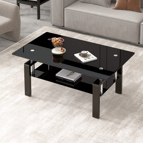 Modern Tempered Black Glass Coffee Table with 2-Layers and Waterfall Edges for Living Room - Image 10