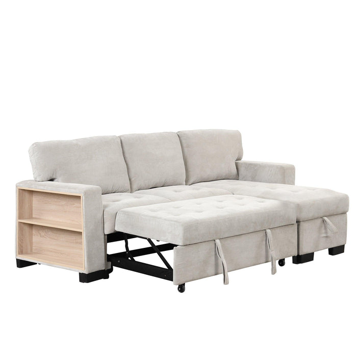 Stylish and Functional Light Chaise Lounge Sectional with Storage Rack Pull-out Bed Drop Down Table and USB Charger Light Gray - DTYStore