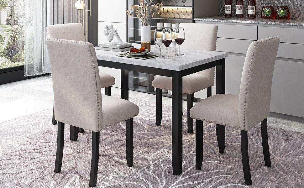 Faux Marble 5-Piece Dining Set Table with 4 Thicken Cushion Dining Chairs Home Furniture, White/Beige+Black - DTYStore