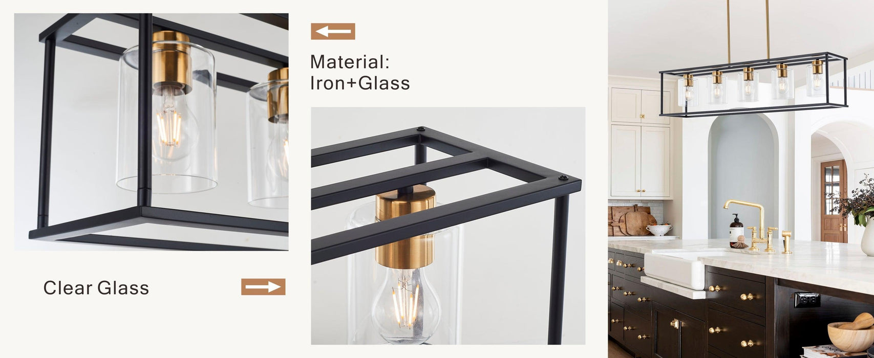5-Lights Industrial Farmhouse Style Hanging Decorative Rectangle Pendant Lights, Black Antique Brass With Clear Glass Shade, Dining Room Kitchen Island Chandelier - DTYStore