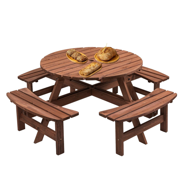 8 Person Wooden Picnic Table, Outdoor Camping Dining Table with Seat, Garden, DIY w/ 4 Built-in Benches, 2220lb Capacity - DTYStore
