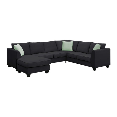 Modern Black L Shape Fabric Sectional Sofa with Ottoman and Pillows, 112*87 Inches, 7 Seats - Image 1
