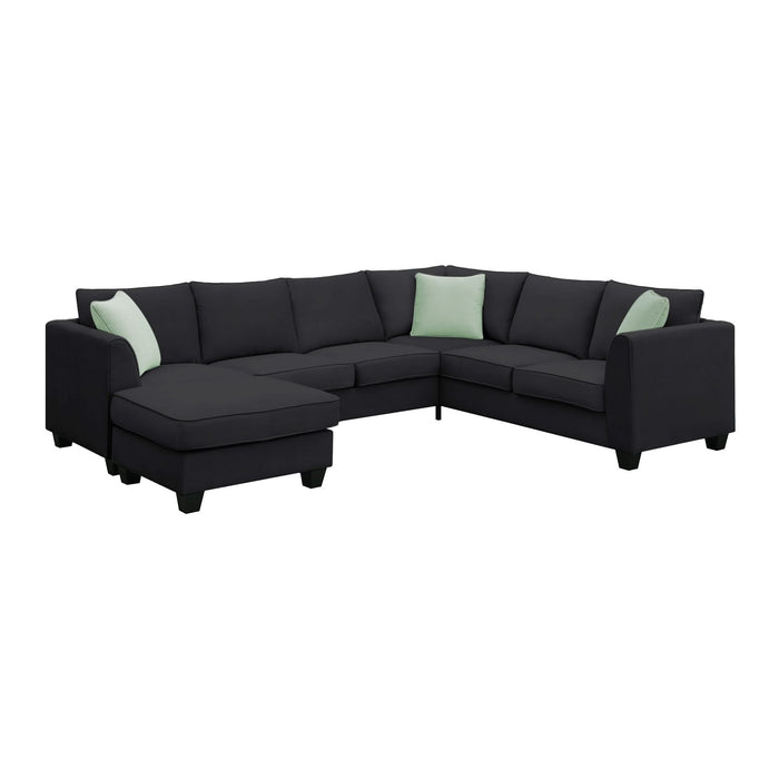 Modern Black L Shape Fabric Sectional Sofa with Ottoman and Pillows, 112*87 Inches, 7 Seats