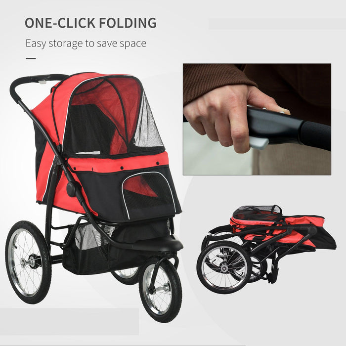 Pet Stroller for Small and Medium Dogs, 3 Big Wheels Foldable Cat Stroller with Adjustable Canopy, Safety Tether, Storage Basket, Red