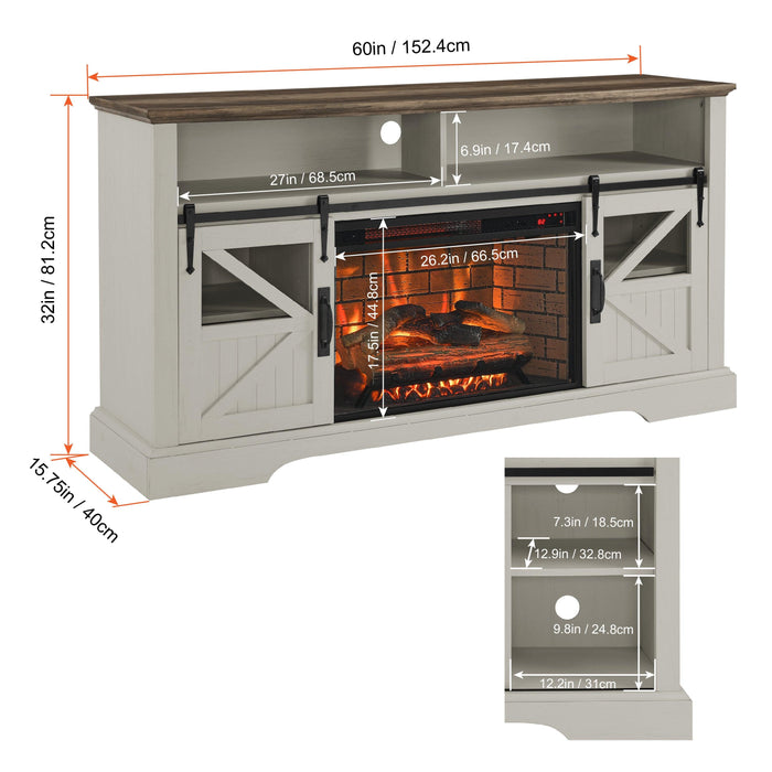 60 Inch Electric Fireplace Entertainment Center With Door Sensor-Jasmine white color - DTYStore