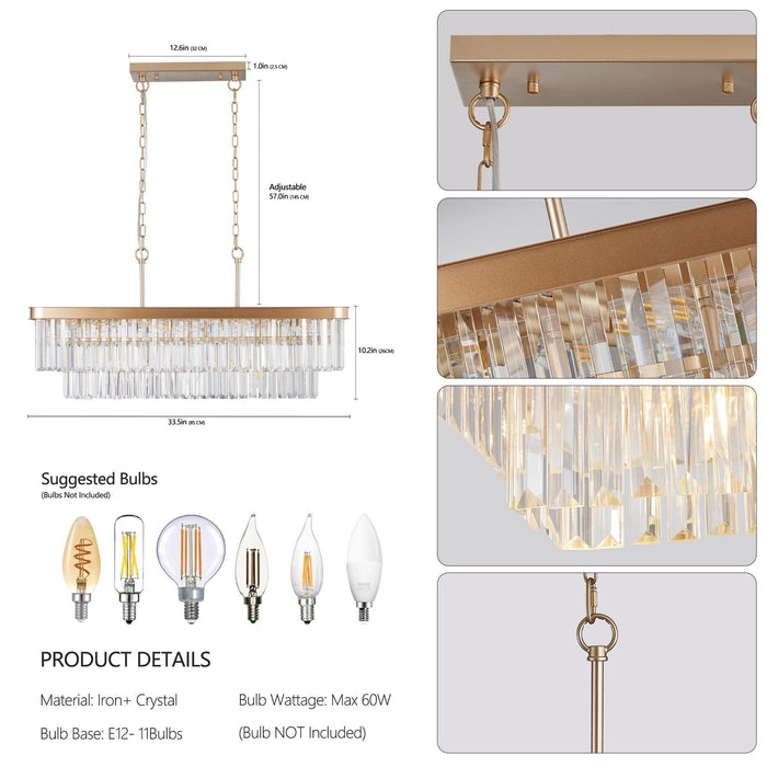 Chandeliers,Rectangular Crystal Chandelier Adjustable,E12 Modern Industrial Crystal Lights,Farmhouse Iron Ceiling Hanging Light for Kitchen Living Room Bedroom/Gold(Bulb Not Included)