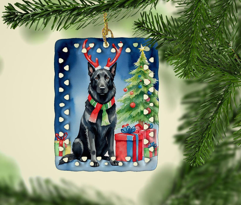 Belgian Sheepdog Christmas Reindeer Porcelain Ornament Christmas Tree Hanging Decorations for Home Christmas Holiday, Rectangle, Gift, Multicolor