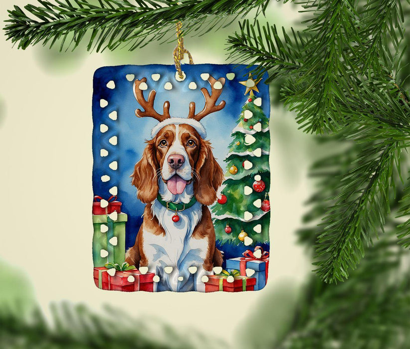 Welsh Springer Spaniel Christmas Reindeer Porcelain Ornament Christmas Tree Hanging Decorations for Home Christmas Holiday, Rectangle, Gift, Multicolor