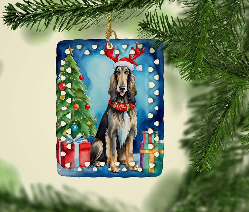 Afghan Hound Christmas Reindeer Porcelain Ornament Christmas Tree Hanging Decorations for Home Christmas Holiday, Rectangle, Gift, Multicolor