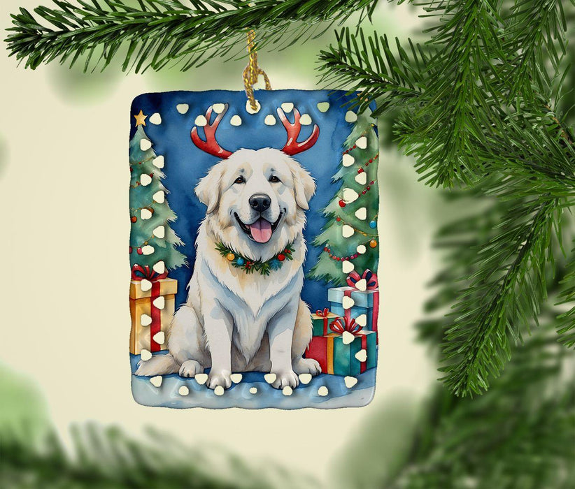 Great Pyrenees Christmas Reindeer Porcelain Ornament Christmas Tree Hanging Decorations for Home Christmas Holiday, Rectangle, Gift, Multicolor