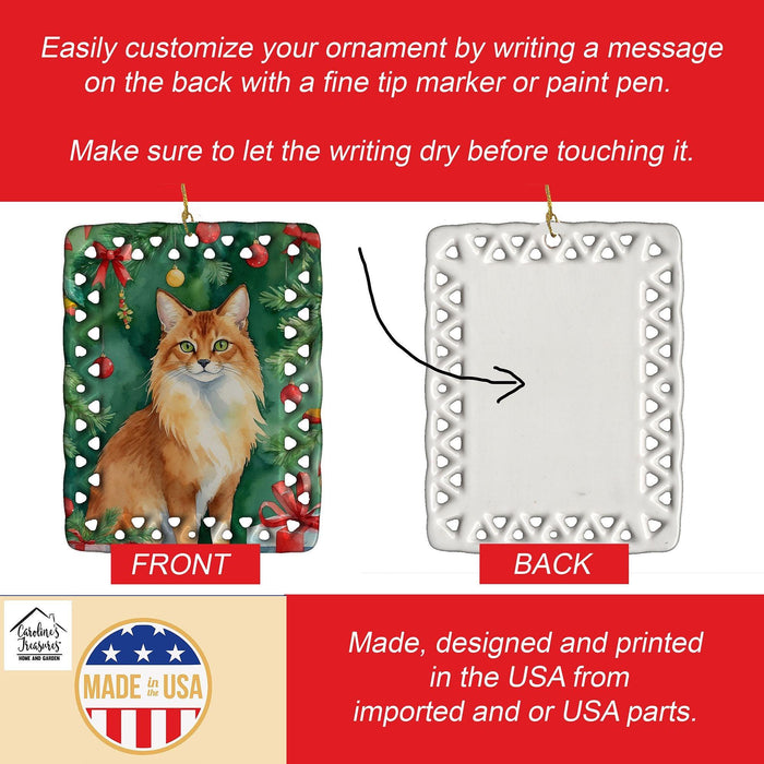 Somali Cat By the Christmas Tree Porcelain Ornament Christmas Tree Hanging Decorations for Home Christmas Holiday, Rectangle, Gift, Multicolor