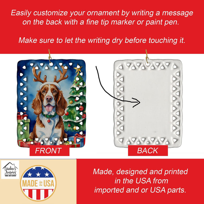 Welsh Springer Spaniel Christmas Reindeer Porcelain Ornament Christmas Tree Hanging Decorations for Home Christmas Holiday, Rectangle, Gift, Multicolor