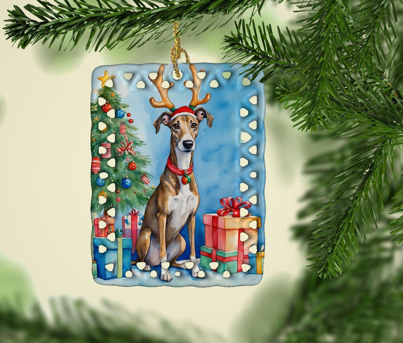 Brindle Greyhound Christmas Reindeer Porcelain Ornament Christmas Tree Hanging Decorations for Home Christmas Holiday, Rectangle, Gift, Multicolor